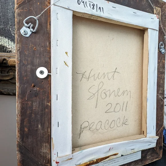 Oil on canvas peacock painting by Hunt Slonem. 11" x 14". Painted 2011. - Picture 10 of 15